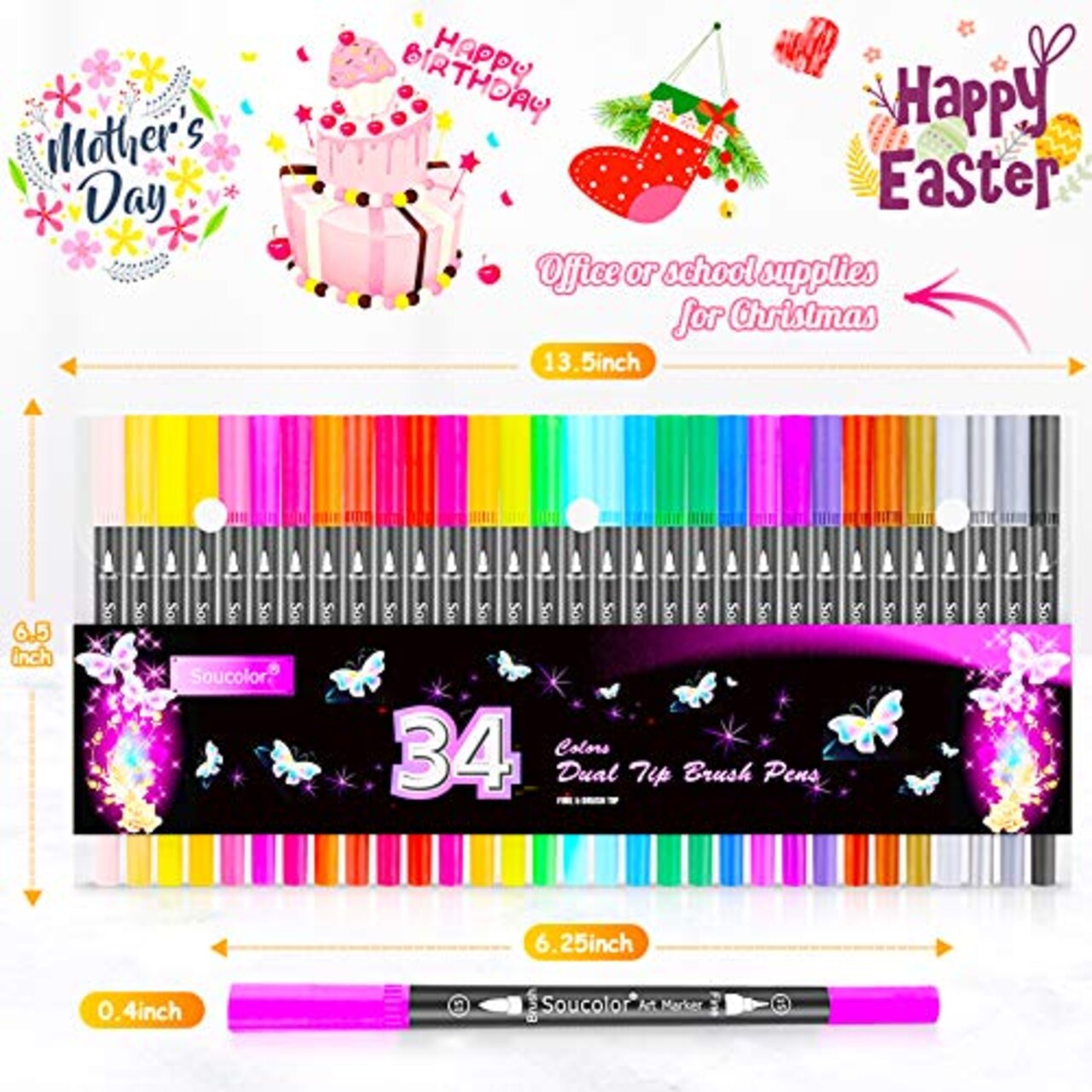 Art Brush Markers Pens for Adult Coloring Books 34 Colors Numbered Dual Tip (Brush and Fine Point) Markers for Kids Note-Taking Planner Hand Lettering Calligraphy Drawing Journaling